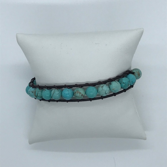 Leather and turquoise beaded bracelet - Picture 1 of 3